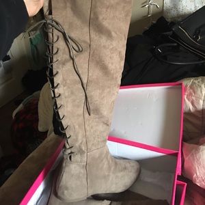 Knee High Beige Suede Lace Up Tall Boots